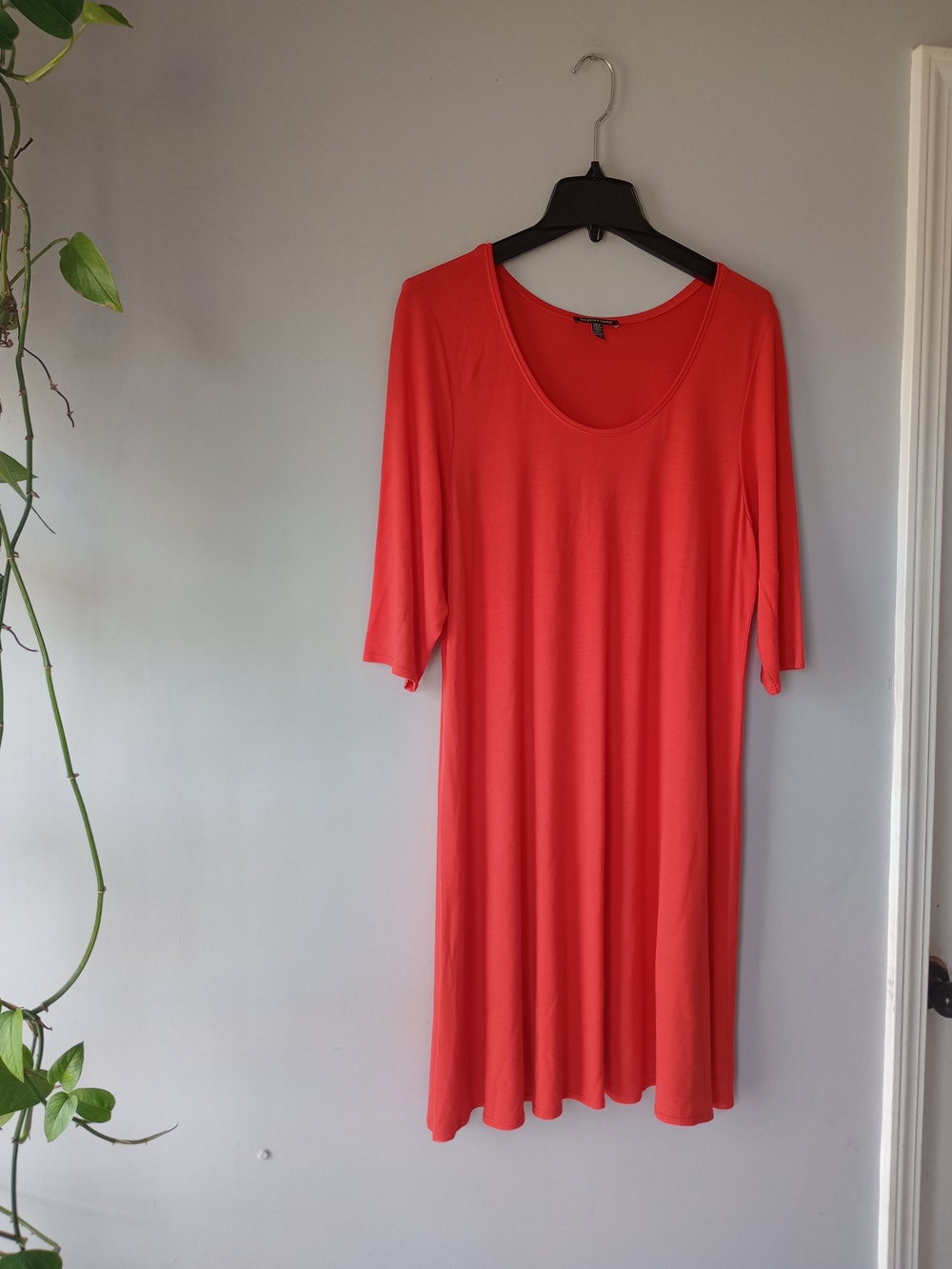 Eileen Fisher Coral Orange Viscose Jesey Scoop Neck 3/4 Sleeve Tunic Dress L